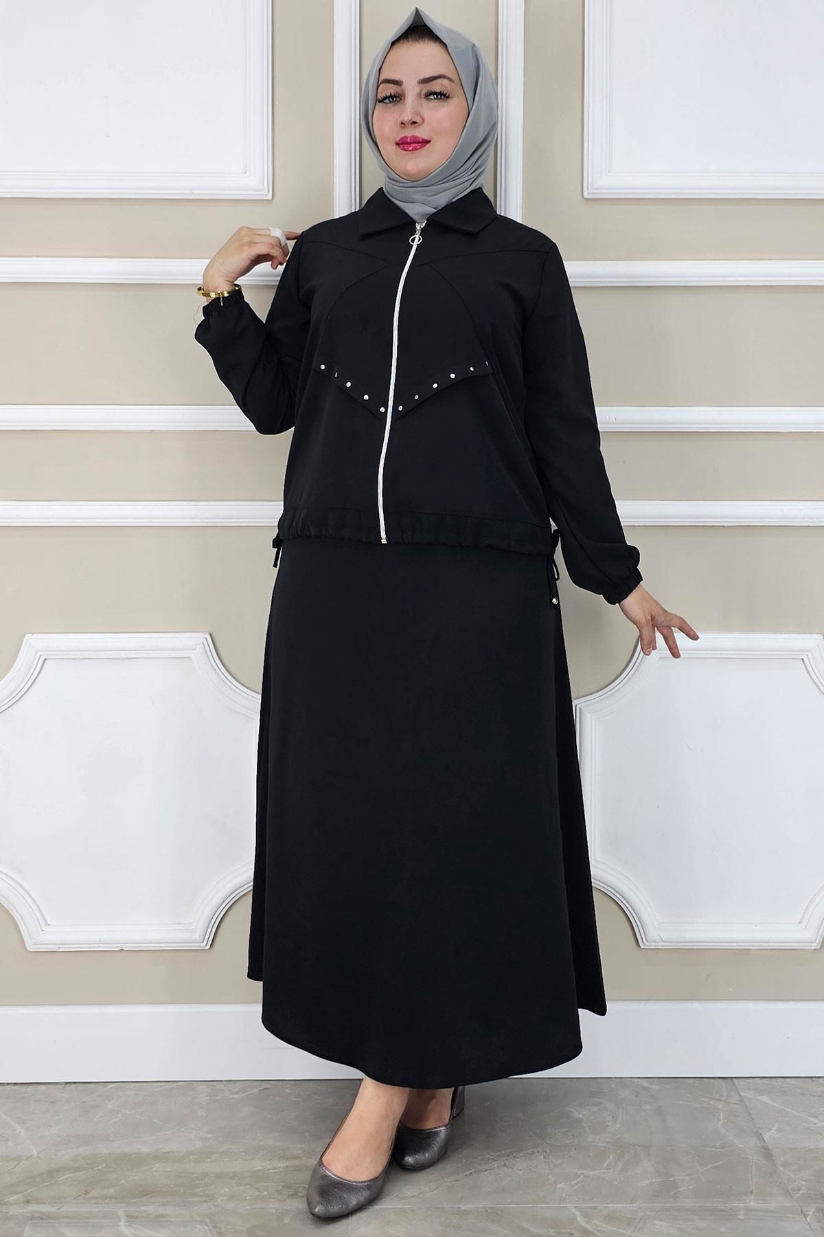 PYS KADIN ALLER DİKİM TAŞ DETAYLI TESETTÜR TAKIM SİYAH - 2 BEDEN