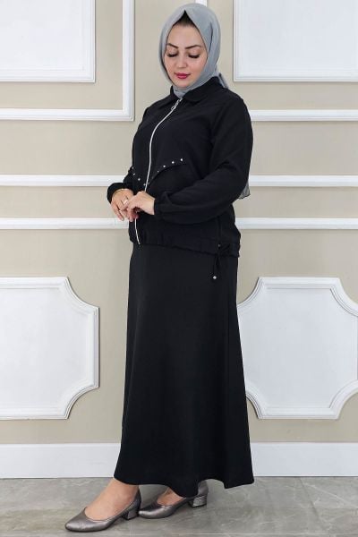 PYS KADIN ALLER DİKİM TAŞ DETAYLI TESETTÜR TAKIM SİYAH - 2 BEDEN