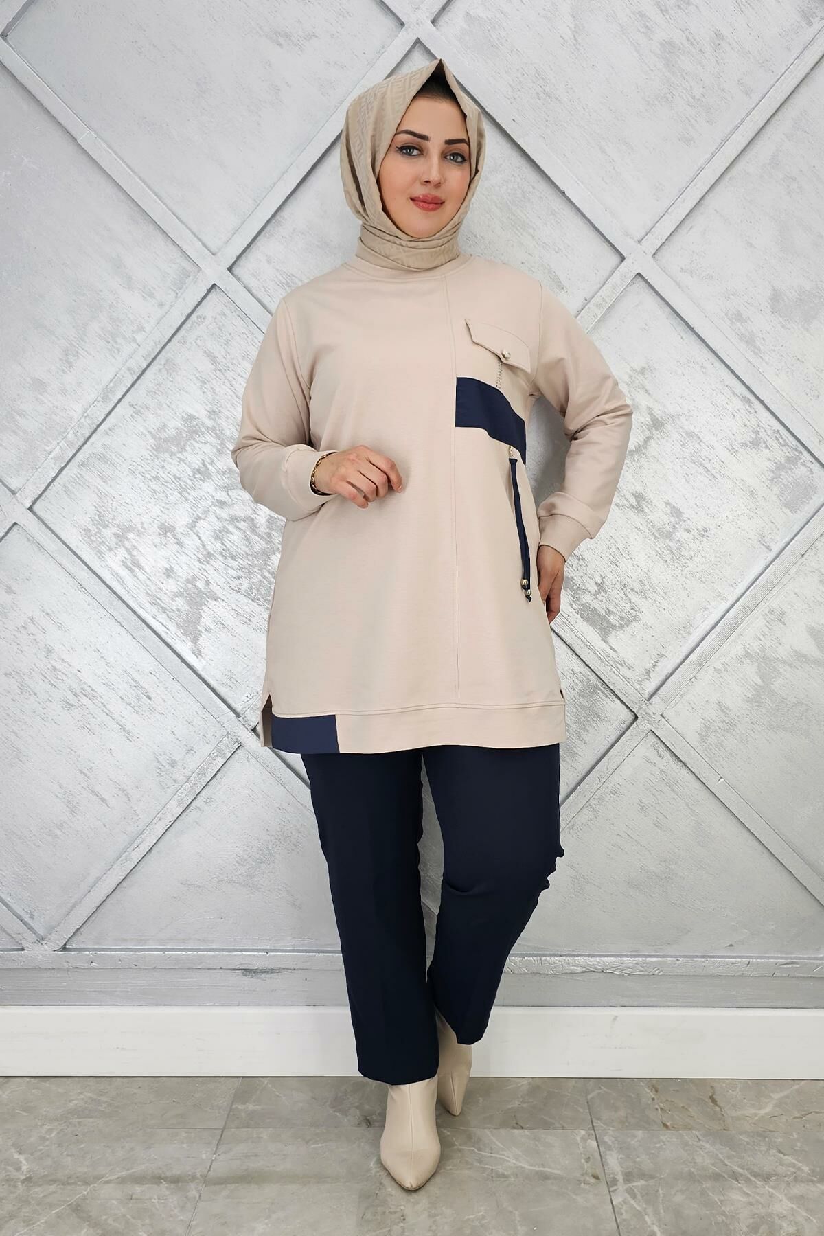 KADIN KOMBİNLİ TAŞ DETAYLI TESETTÜR TUNİK BEJ - 2XL