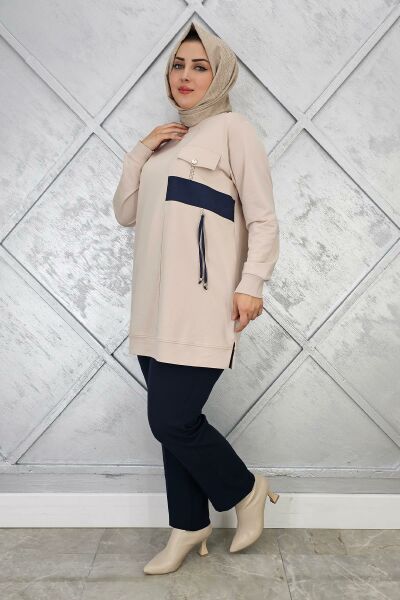 KADIN KOMBİNLİ TAŞ DETAYLI TESETTÜR TUNİK BEJ - 2XL