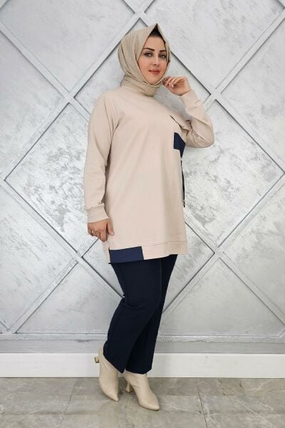 KADIN KOMBİNLİ TAŞ DETAYLI TESETTÜR TUNİK BEJ - 2XL