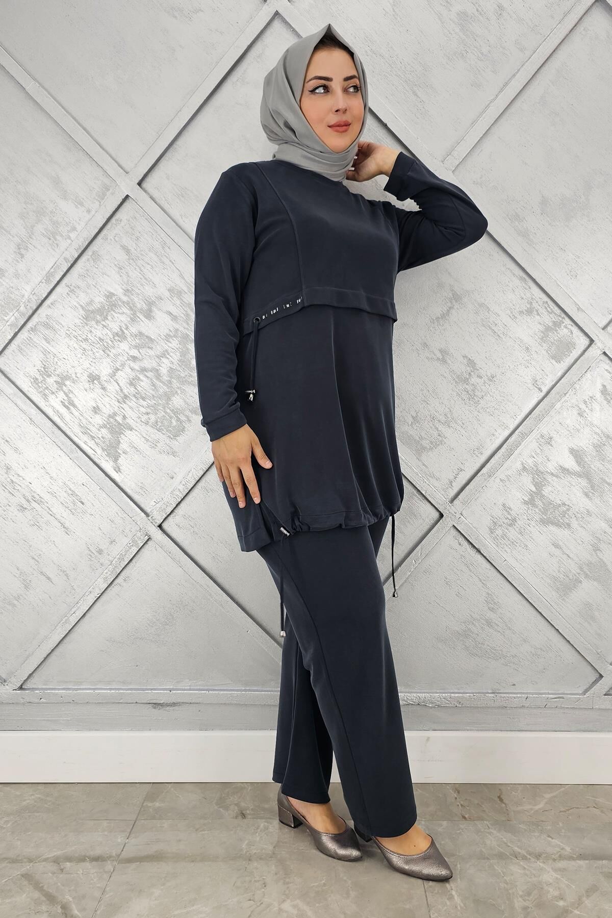 KADIN TAŞ DETALI BAĞCIKLI TESETTÜR TAKIM SİYAH - 5 BEDEN