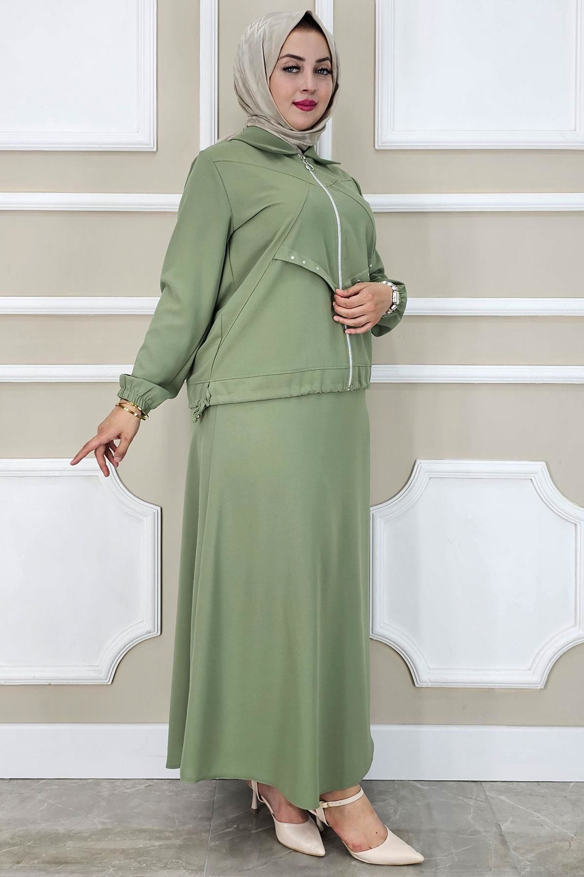 PYS KADIN ALLER DİKİM TAŞ DETAYLI TESETTÜR TAKIM YEŞİL - 3 BEDEN