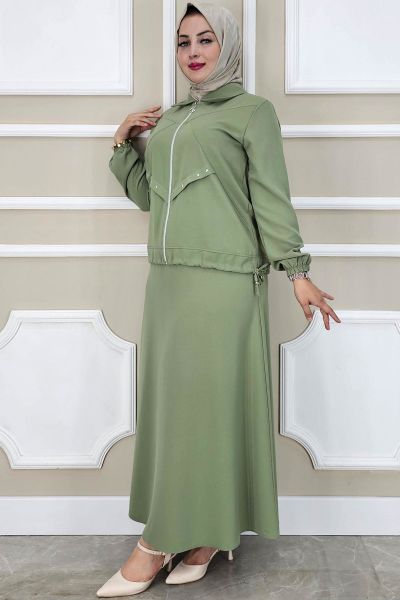 PYS KADIN ALLER DİKİM TAŞ DETAYLI TESETTÜR TAKIM YEŞİL - 3 BEDEN