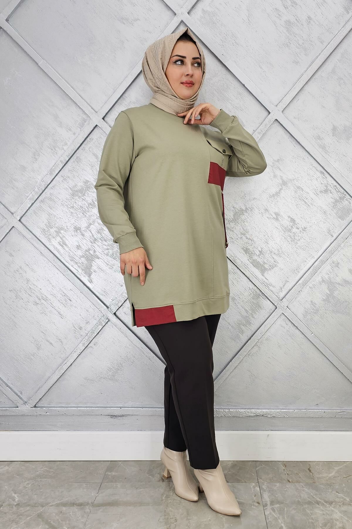 KADIN KOMBİNLİ TAŞ DETAYLI TESETTÜR TUNİK MİNT YEŞİLİ - L