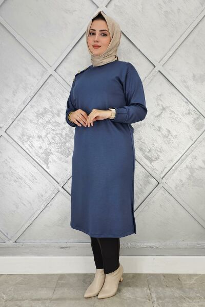 KADIN DÜĞME DETAYLI TESETTÜR TUNİK İNDİGO - 3 BEDEN