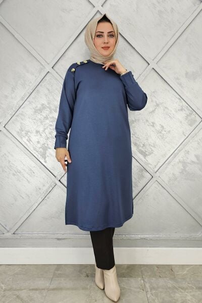 KADIN DÜĞME DETAYLI TESETTÜR TUNİK İNDİGO - 3 BEDEN