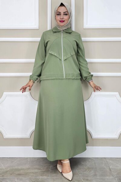 PYS KADIN ALLER DİKİM TAŞ DETAYLI TESETTÜR TAKIM YEŞİL - 5 BEDEN