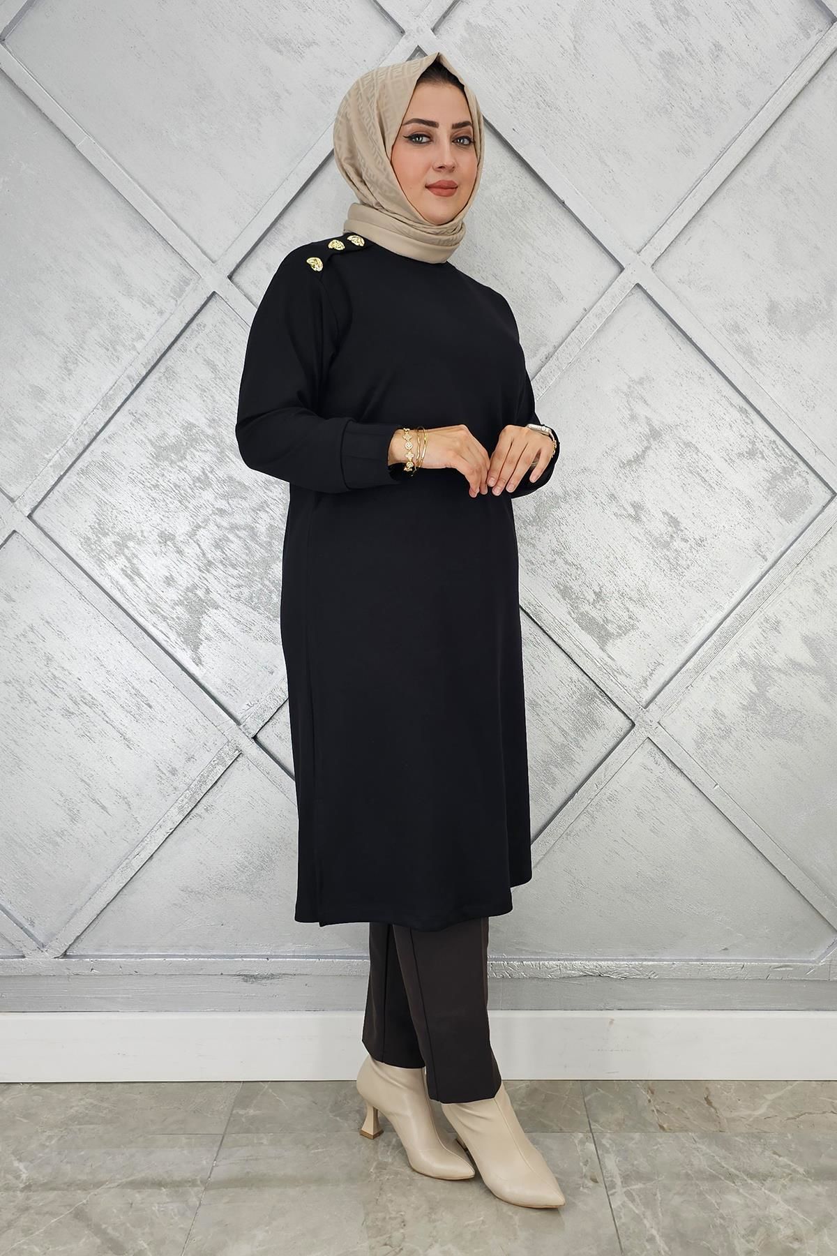 KADIN DÜĞME DETAYLI TESETTÜR TUNİK SİYAH - 2 BEDEN