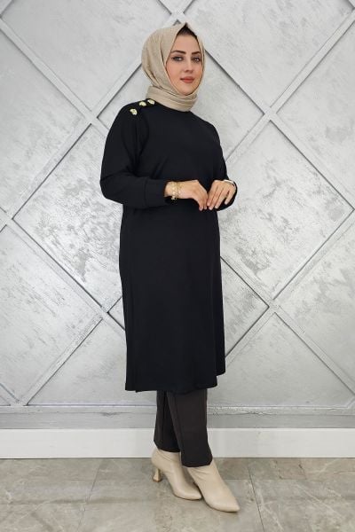 KADIN DÜĞME DETAYLI TESETTÜR TUNİK SİYAH - 2 BEDEN