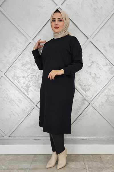 KADIN DÜĞME DETAYLI TESETTÜR TUNİK SİYAH - 2 BEDEN