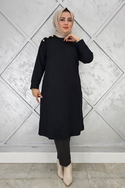 KADIN DÜĞME DETAYLI TESETTÜR TUNİK SİYAH - 2 BEDEN