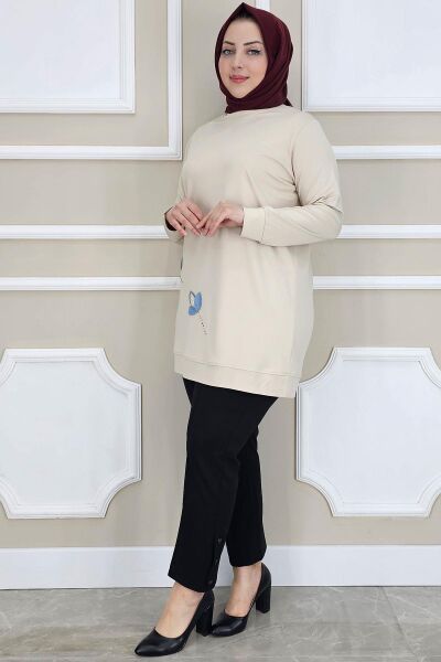 KADIN ÇİÇEK DİKME DETAYLI TESETTÜR TUNİK BEJ - 4 BEDEN