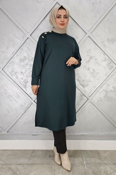 KADIN DÜĞME DETAYLI TESETTÜR TUNİK PETROL YEŞİLİ - 2 BEDEN