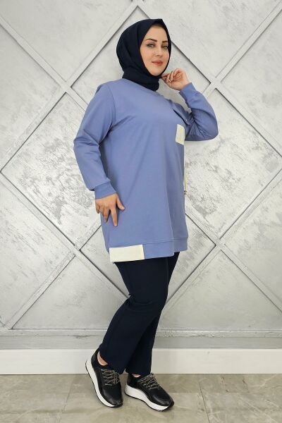 KADIN KOMBİNLİ TAŞ DETAYLI TESETTÜR TUNİK MAVİ - 3XL