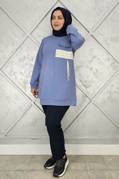 KADIN KOMBİNLİ TAŞ DETAYLI TESETTÜR TUNİK MAVİ - 3XL