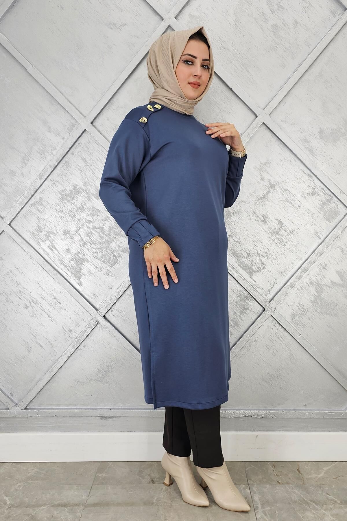 KADIN DÜĞME DETAYLI TESETTÜR TUNİK İNDİGO - 5 BEDEN