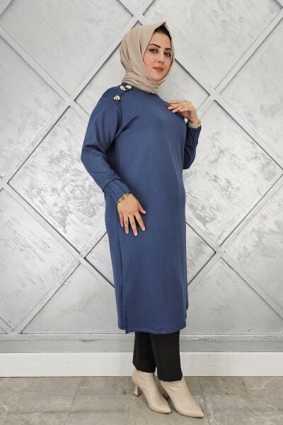 KADIN DÜĞME DETAYLI TESETTÜR TUNİK İNDİGO - 5 BEDEN