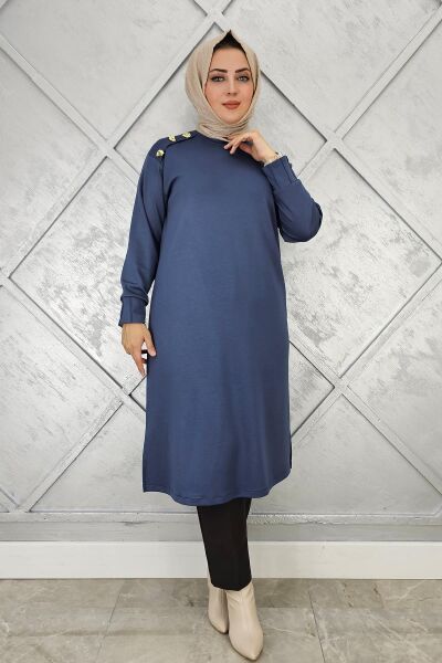 KADIN DÜĞME DETAYLI TESETTÜR TUNİK İNDİGO - 5 BEDEN