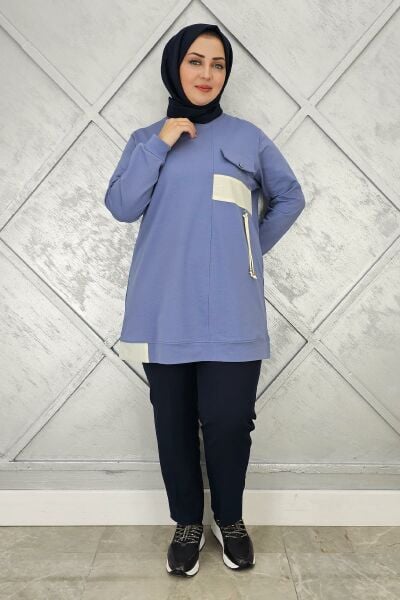 KADIN KOMBİNLİ TAŞ DETAYLI TESETTÜR TUNİK MAVİ - XL