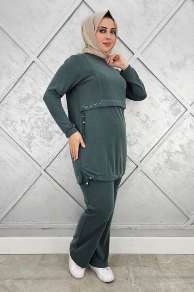 KADIN TAŞ DETALI BAĞCIKLI TESETTÜR TAKIM YEŞİL - 5 BEDEN