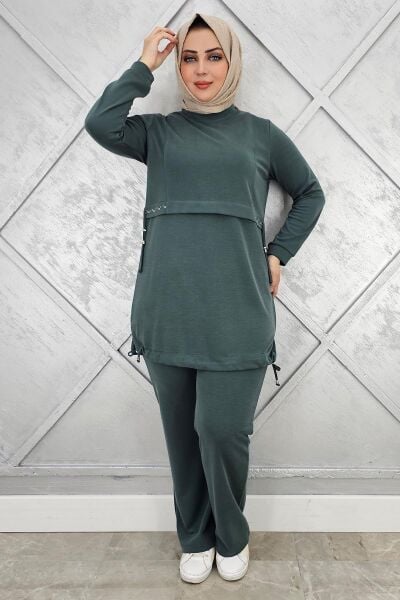KADIN TAŞ DETALI BAĞCIKLI TESETTÜR TAKIM YEŞİL - 5 BEDEN