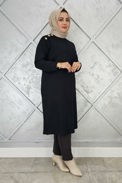KADIN DÜĞME DETAYLI TESETTÜR TUNİK SİYAH - 3 BEDEN
