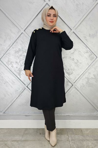 KADIN DÜĞME DETAYLI TESETTÜR TUNİK SİYAH - 3 BEDEN