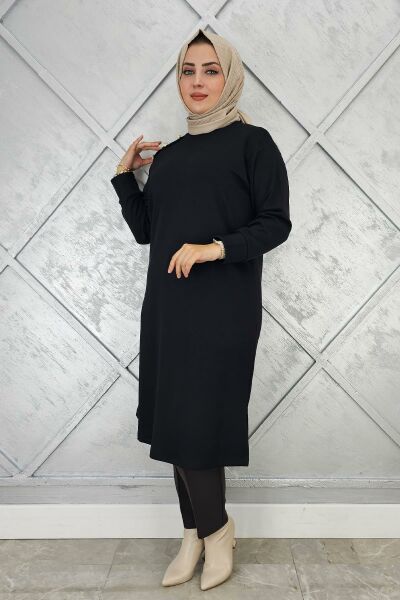 KADIN DÜĞME DETAYLI TESETTÜR TUNİK SİYAH - 4 BEDEN