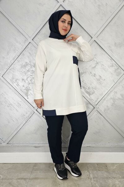 KADIN KOMBİNLİ TAŞ DETAYLI TESETTÜR TUNİK EKRU - XL