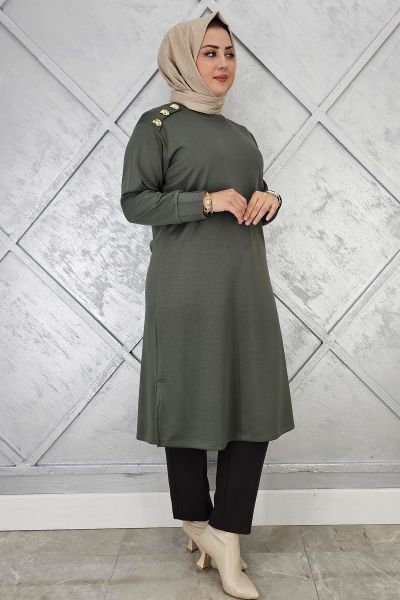 KADIN DÜĞME DETAYLI TESETTÜR TUNİK HAKİ - 3 BEDEN