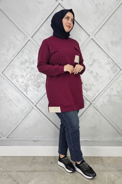 KADIN KOMBİNLİ TAŞ DETAYLI TESETTÜR TUNİK BORDO - 3XL