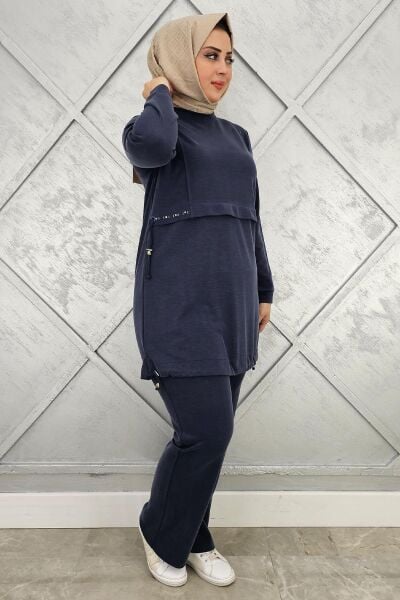 KADIN TAŞ DETALI BAĞCIKLI TESETTÜR TAKIM LACİVERT - 4 BEDEN