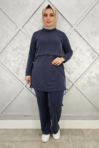 KADIN TAŞ DETALI BAĞCIKLI TESETTÜR TAKIM LACİVERT - 4 BEDEN
