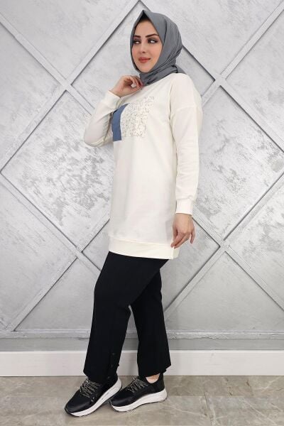 KADIN BASKI DETAYLI TESETTÜR TUNİK EKRU - 2XL
