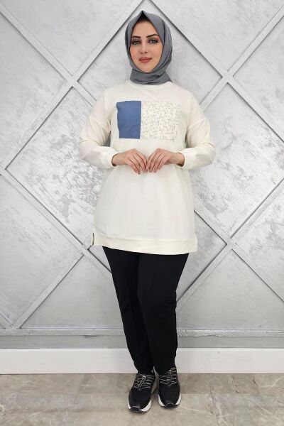 KADIN BASKI DETAYLI TESETTÜR TUNİK EKRU - 2XL