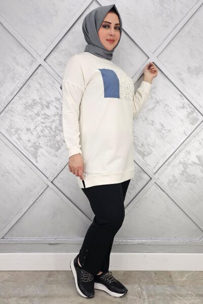 KADIN BASKI DETAYLI TESETTÜR TUNİK EKRU - 2XL