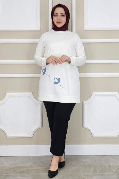 KADIN ÇİÇEK DİKME DETAYLI TESETTÜR TUNİK EKRU - 5 BEDEN