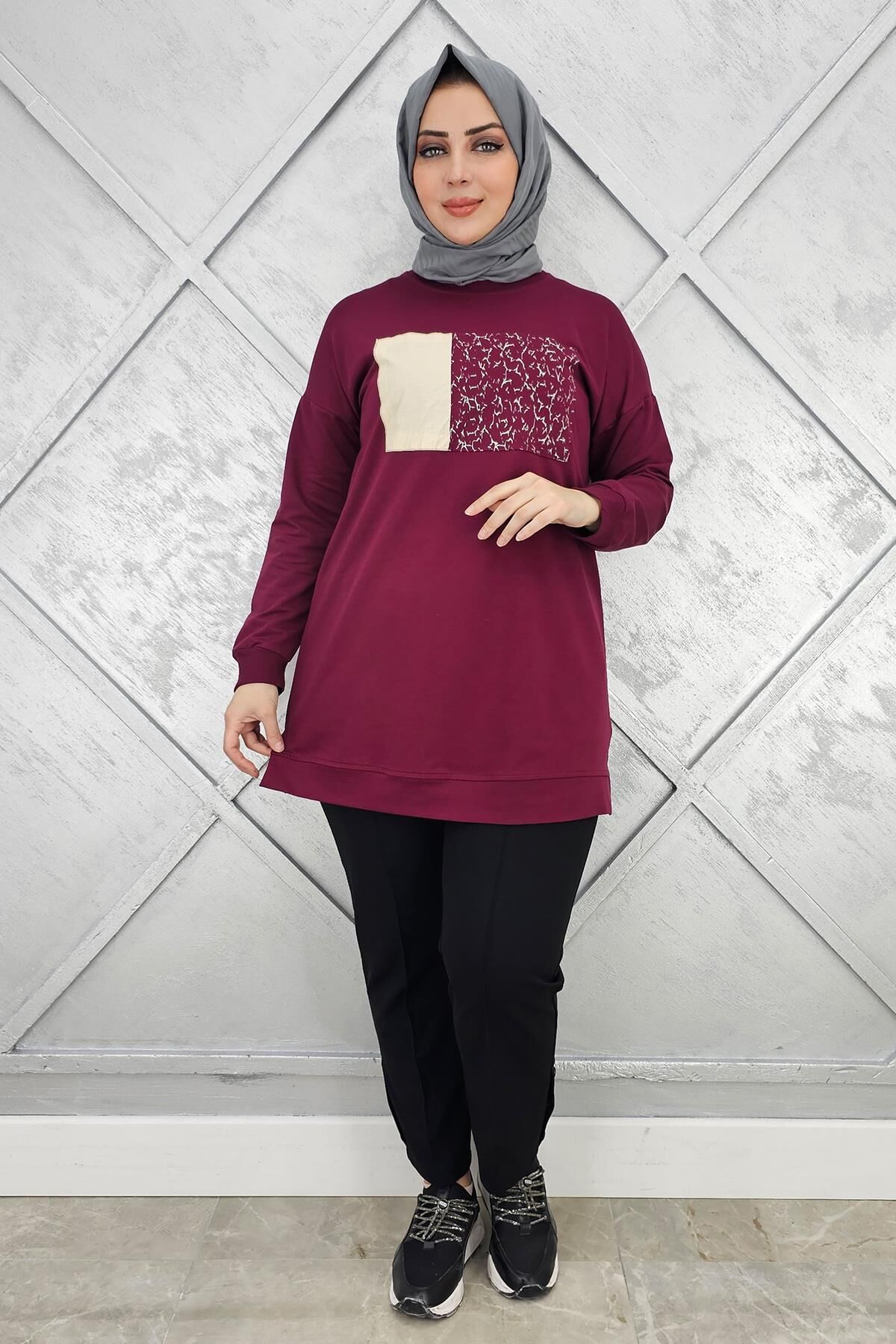 KADIN BASKI DETAYLI TESETTÜR TUNİK BORDO - 3XL