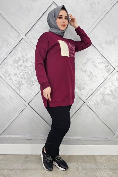 KADIN BASKI DETAYLI TESETTÜR TUNİK BORDO - 3XL