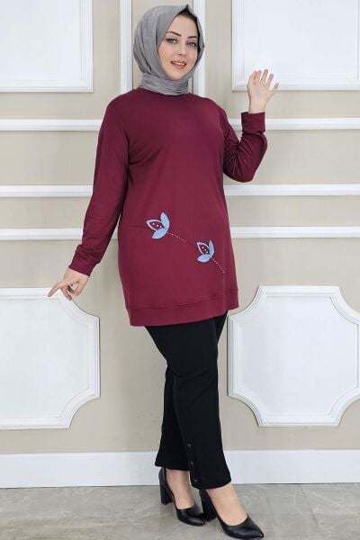 KADIN ÇİÇEK DİKME DETAYLI TESETTÜR TUNİK BORDO - 4 BEDEN