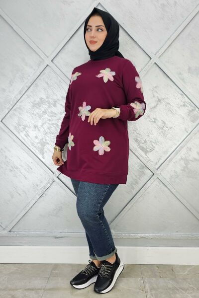 KADIN DİKME ÇİÇEK DETAYLI TESETTÜR TUNİK BORDO - 5 BEDEN