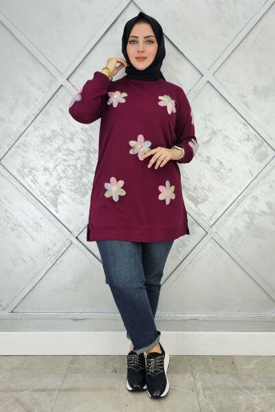 KADIN DİKME ÇİÇEK DETAYLI TESETTÜR TUNİK BORDO - 5 BEDEN