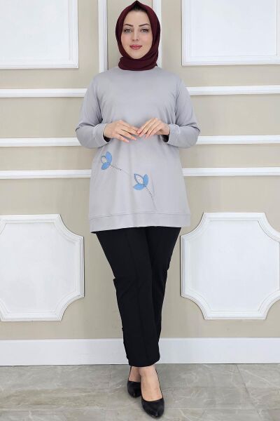 KADIN ÇİÇEK DİKME DETAYLI TESETTÜR TUNİK GRİ - 2 BEDEN
