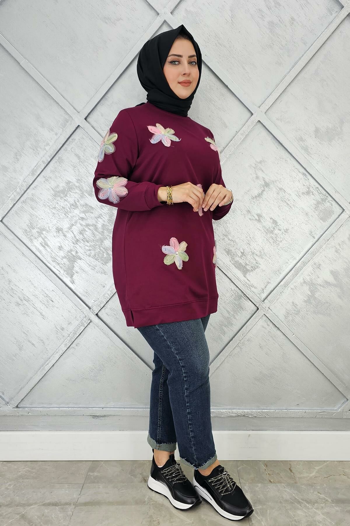 KADIN DİKME ÇİÇEK DETAYLI TESETTÜR TUNİK BORDO - 2 BEDEN