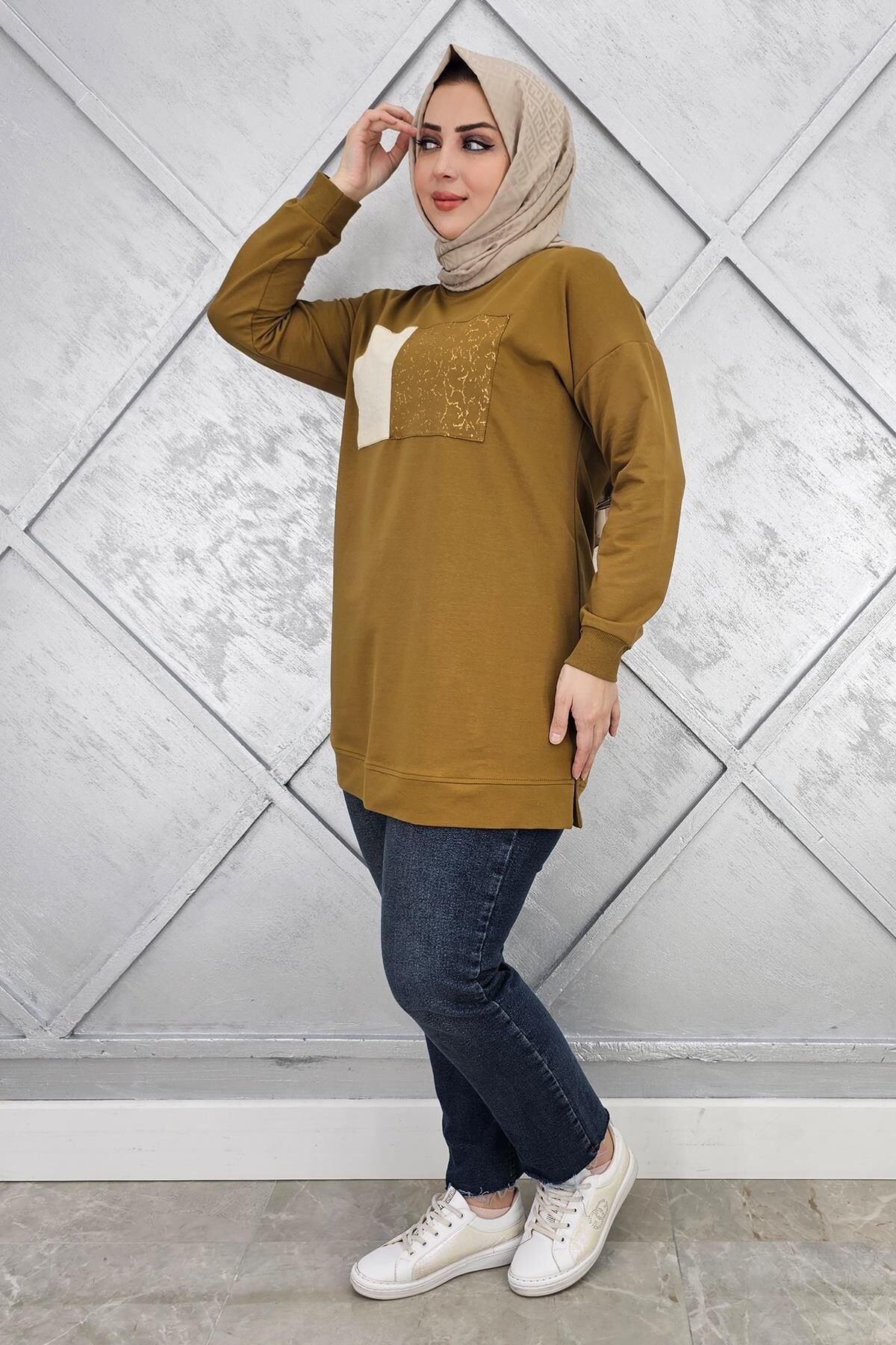 KADIN BASKI DETAYLI TESETTÜR TUNİK YAĞ YEŞİLİ - 3XL