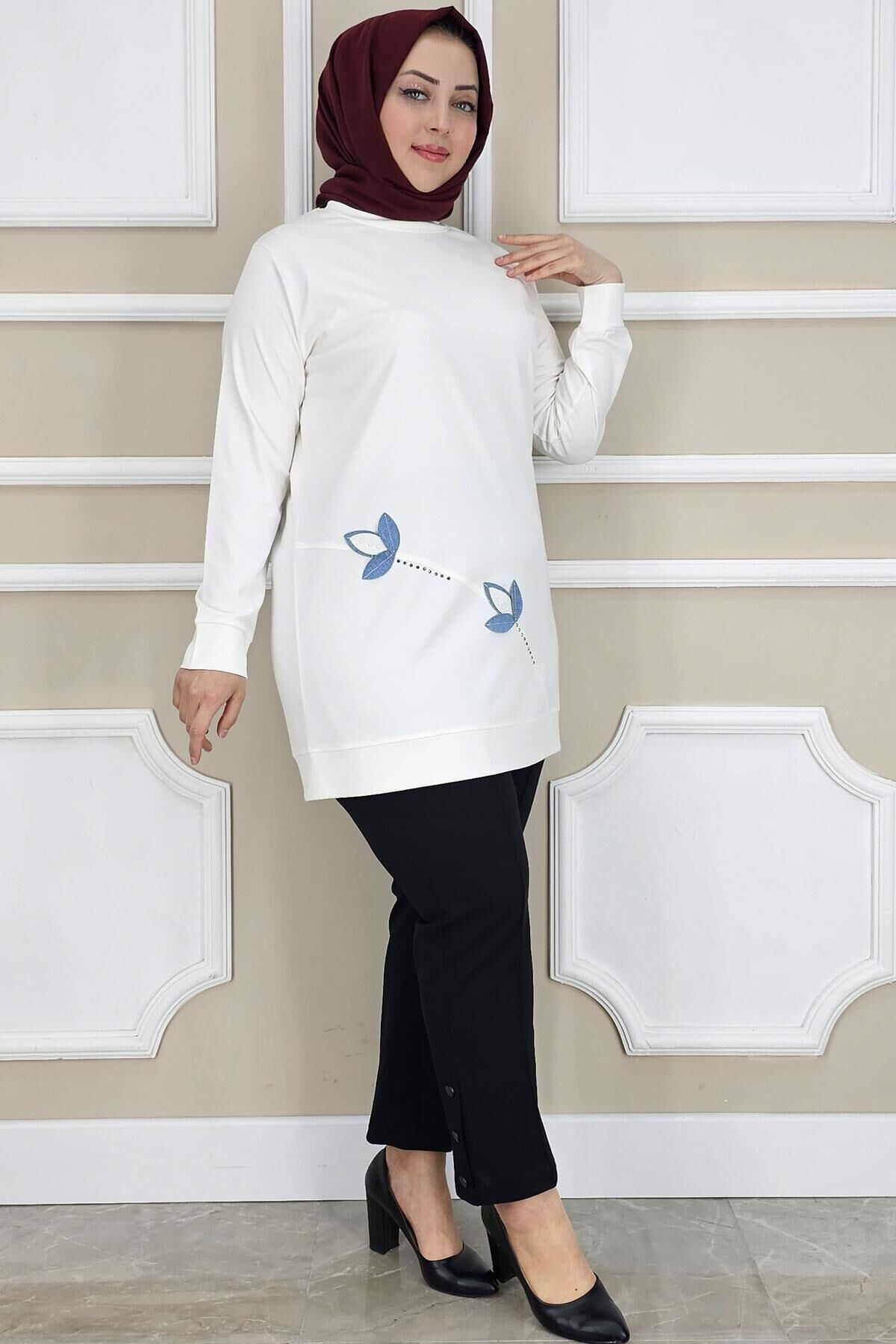 KADIN ÇİÇEK DİKME DETAYLI TESETTÜR TUNİK EKRU - 4 BEDEN