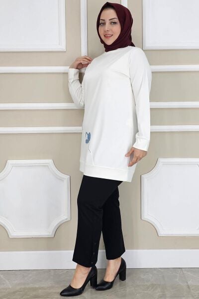 KADIN ÇİÇEK DİKME DETAYLI TESETTÜR TUNİK EKRU - 4 BEDEN