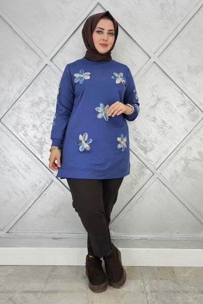 KADIN DİKME ÇİÇEK DETAYLI TESETTÜR TUNİK İNDİGO - 2 BEDEN