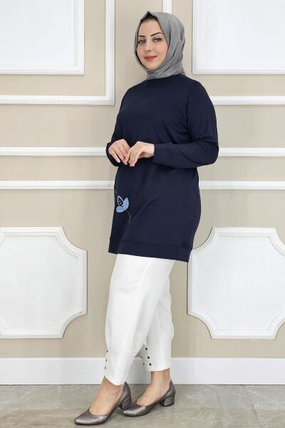 KADIN ÇİÇEK DİKME DETAYLI TESETTÜR TUNİK LACİVERT - 2 BEDEN